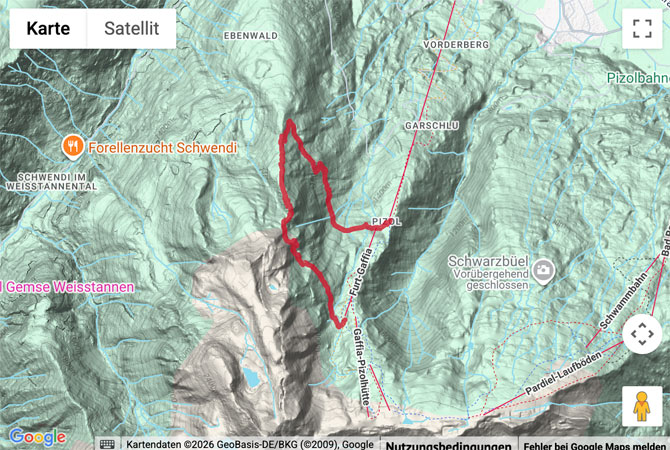 Routenskizze zur Wanderung auf dem Garmil-Höhenweg im Pizolgebiet
