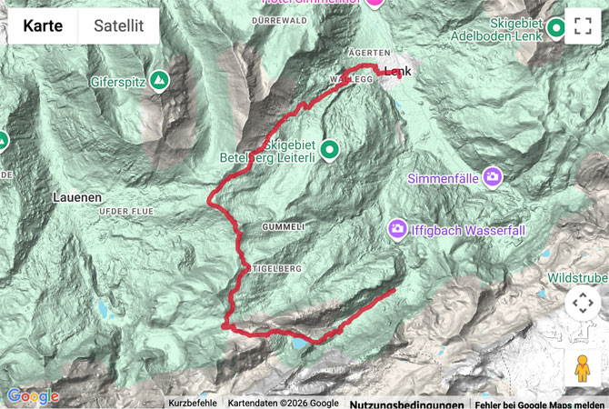 Routenskizze zur Bergwanderung von Lenk auf die Iffigenalp
