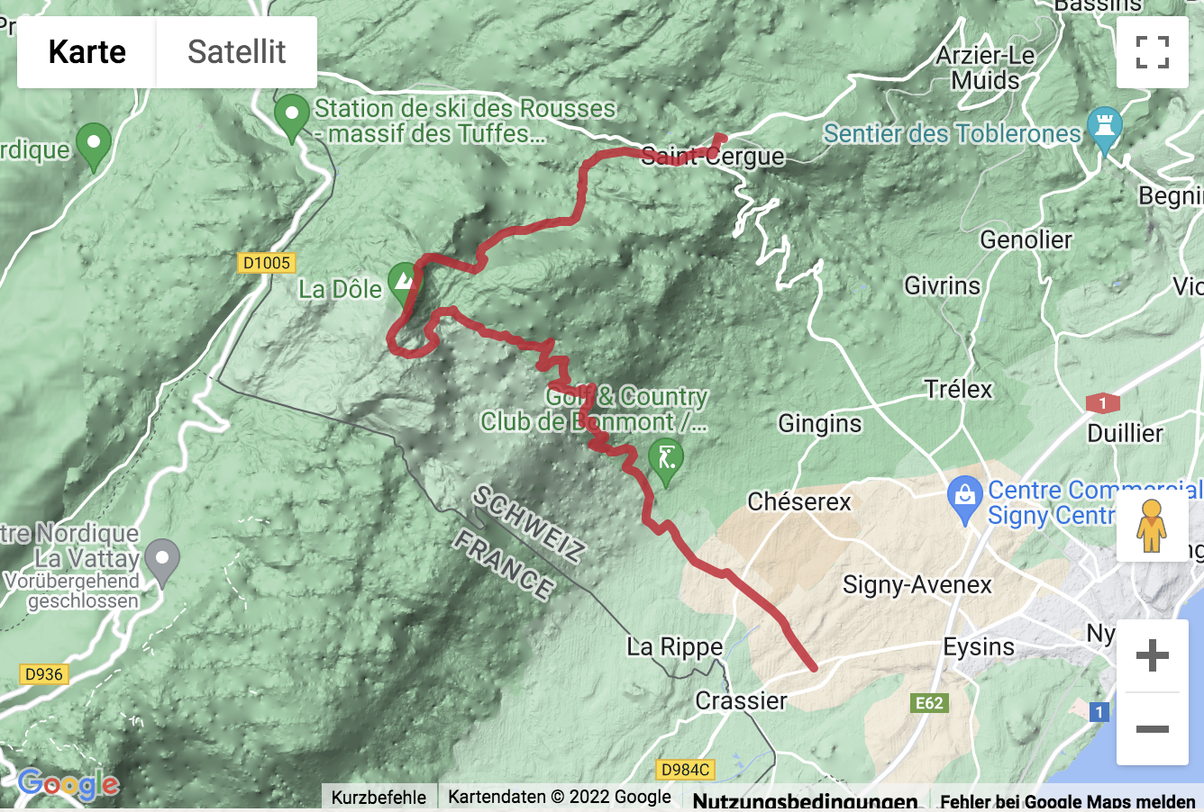 Übersichtskarte Jura-Höhenweg über den La Dôle Gipfel