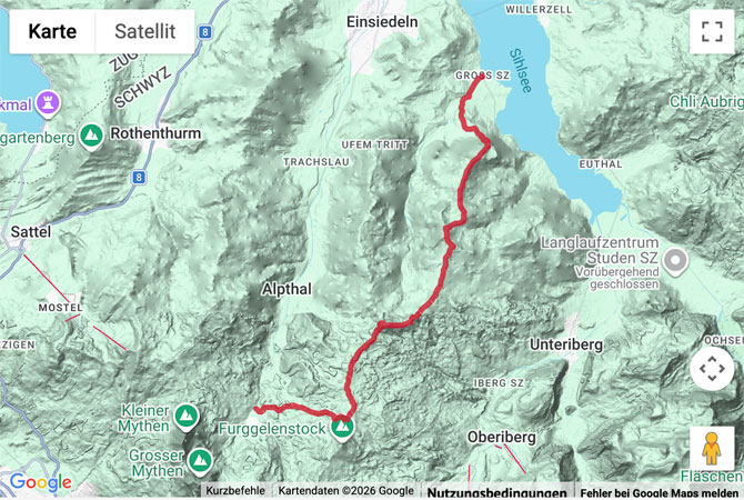 Routenskizze zur Panoramawanderung vom Sihlsee zum Fuss der Mythen