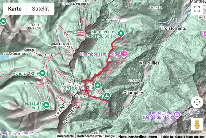Routenskizze zur Höhenwanderung in der Region Portes du Soleil