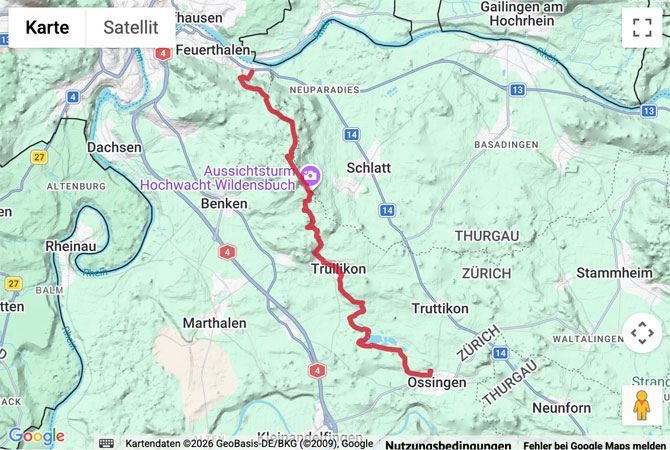 Routenskizze zur Wanderung über den Cholfirst nach Ossingen