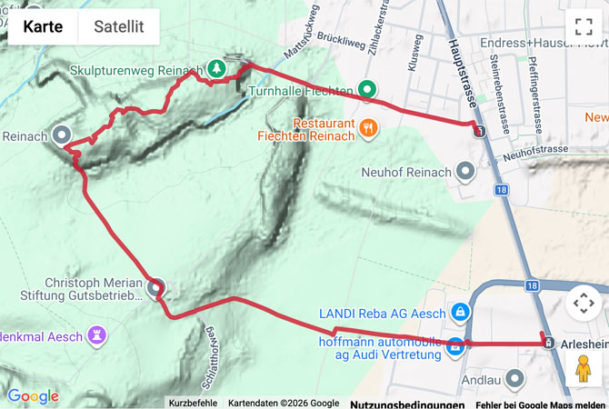 Routenskizze zur Kurzwanderung auf dem Reinacher Skulpturenweg