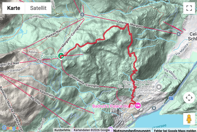 Routenskizze zur Abstiegswanderung von Corviglia nach St. Moritz