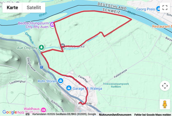 Routenskizze zur Spaziergang im Auenschutzpark «Chly Rhy» bei Rietheim