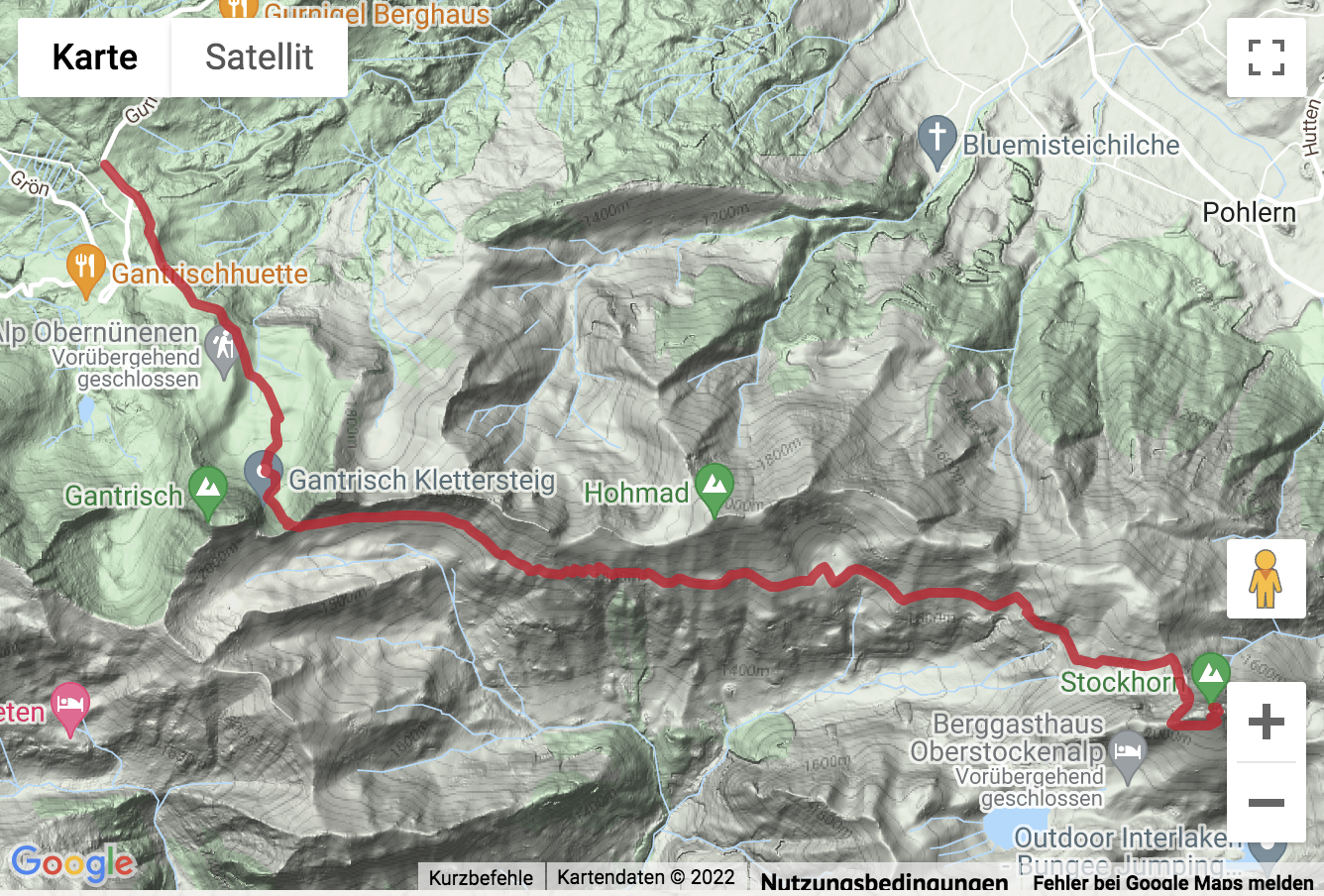 Übersichts-Routenkarte für die Wanderung vom Gurnigel über den Leiterenpass zum Stockhorn