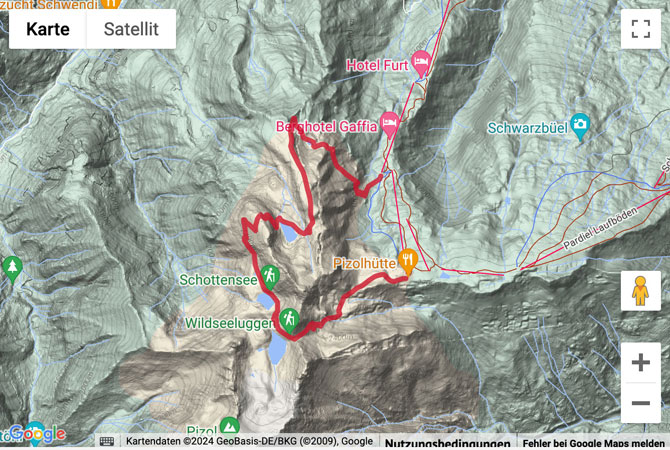 Übersichts-Routenkarte für die Fünf-Seen-Wanderung Pizol