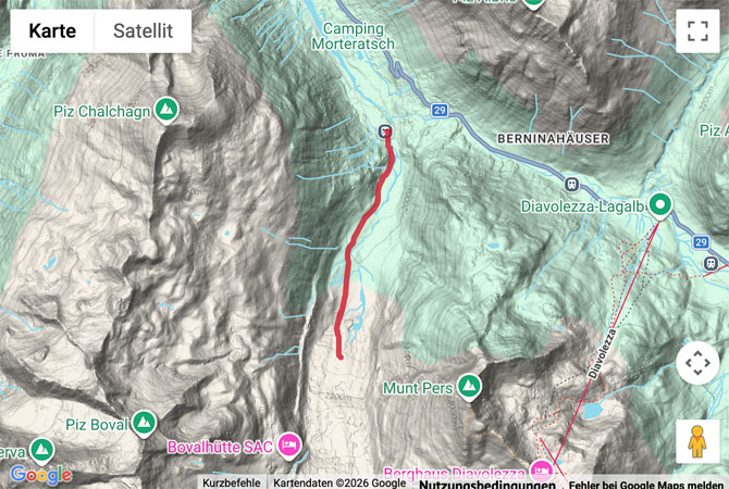 Routenskizze zur Kurzwanderung auf dem Gletscherlehrpfad Morteratsch