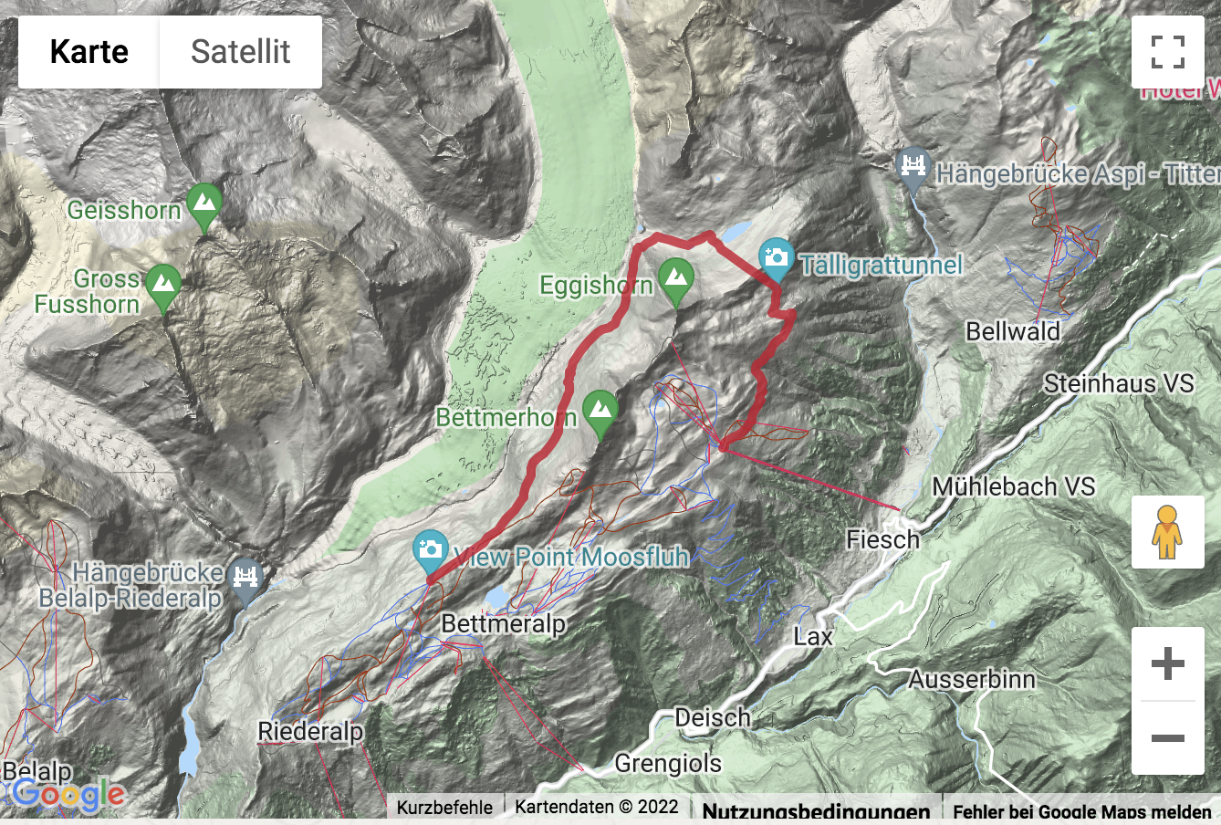 Übersichts-Routenkarte für die Höhenwanderung mit stetem Blick auf den Aletschgletscher