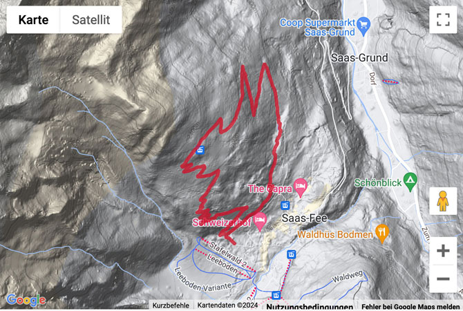 Übersichtskarte Schneeschuhtour von Saas-Fee auf die Hannigalp