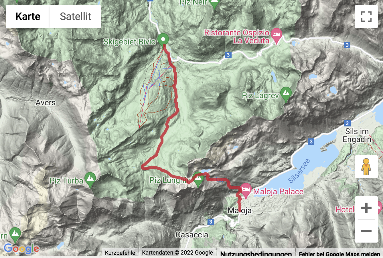Übersichts-Routenkarte für die Bergwanderung zur Dreifach-Wasserscheide am Lunghinpass