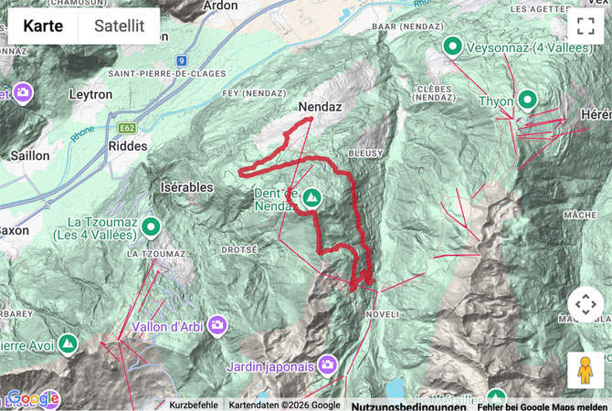 Routenskizze zur Gipfelwanderung zum Dent de Nendaz (2'462 m)
