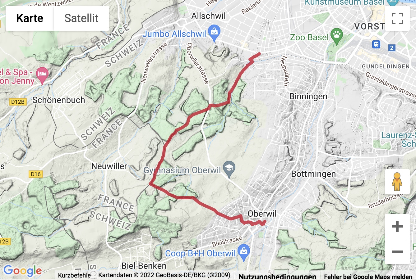 Übersichtskarte Wanderung von Basel nach Oberwil