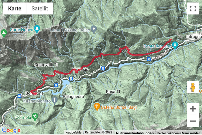 Übersichts-Routenkarte für die Wanderung auf der Via del Mercato durchs Centovalli