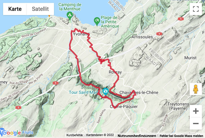 Übersichtskarte Rundwanderung von Yvonand ins Vallon des Vaux