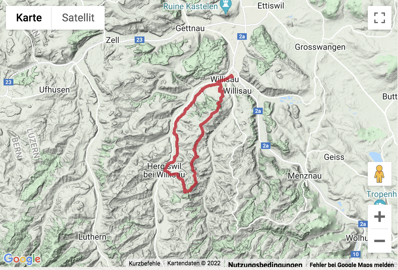 Carte de situation avec l'itinéraire pour la Rundwanderung von Willisau durchs Luzerner Hinterland