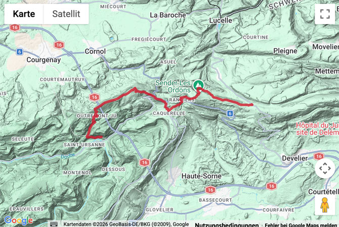 Routenskizze zur Wanderung über den Col des Rangiers nach St-Ursanne