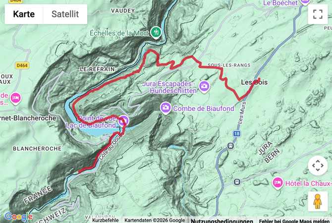 Routenskizze zur Wanderung vom Lac de Biaufond nach Les Bois