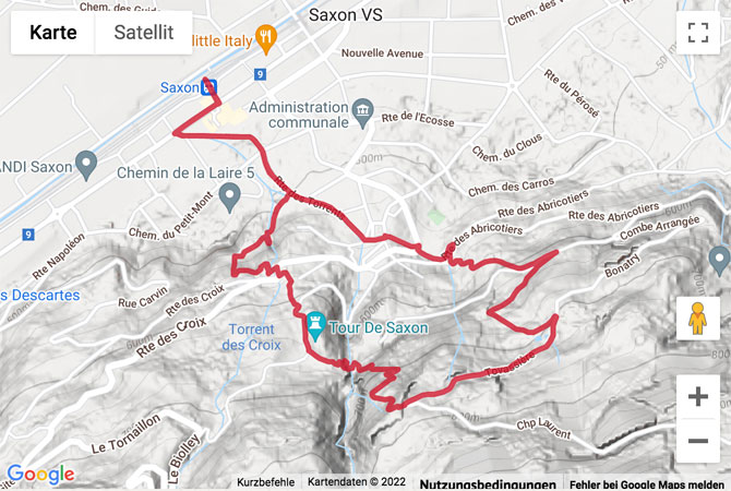 Übersichtskarte Wanderung auf dem «Sentier de l'abricot» in Saxon