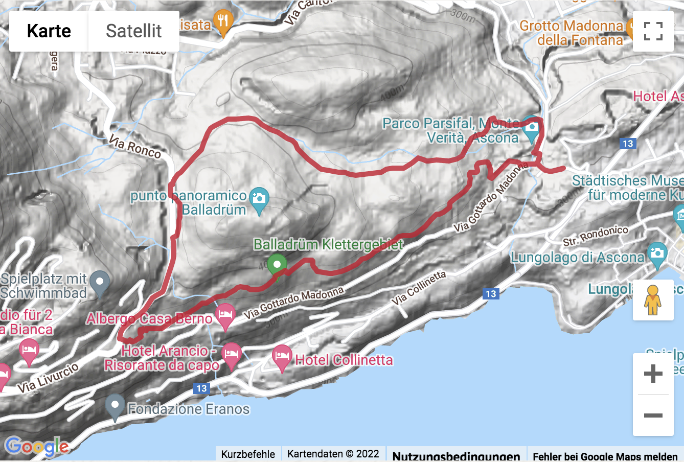 Übersichts-Routenkarte für die Wanderung vom Monte Verità rund um den Balladrüm