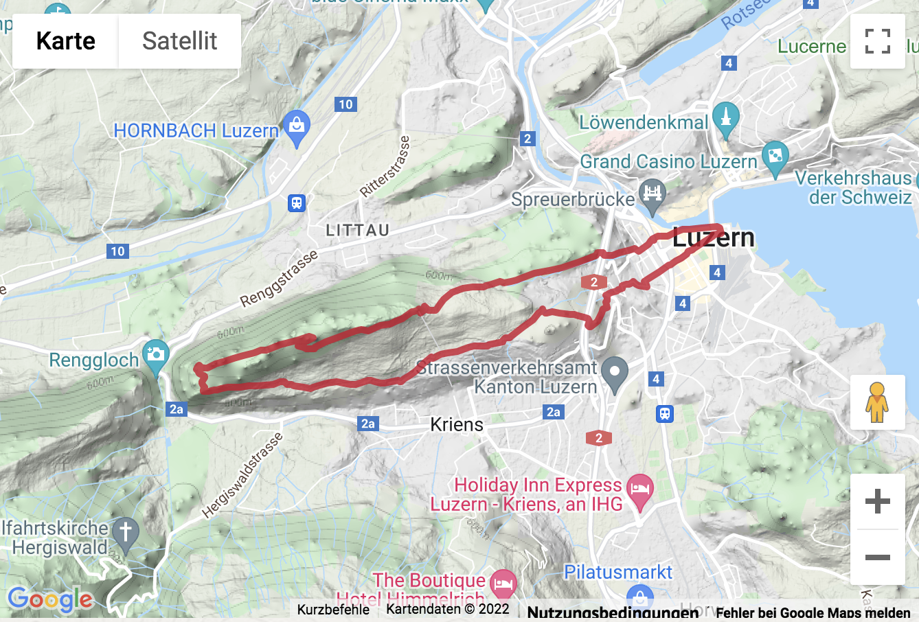 Übersichtskarte Rundwanderung Luzern - Sonnenberg - Wolfschlucht - Luzern