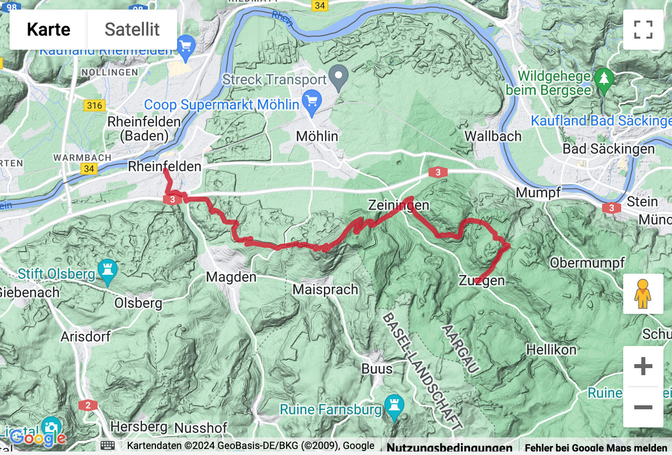 Übersichtskarte Wanderung Evolutionspfad Rheinfelden - Zuzgen