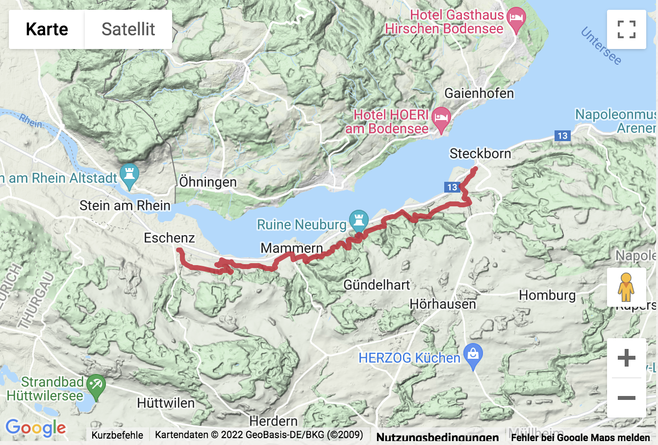 Übersichtskarte Höhenweg von Eschenz zur Burgruine Neuburg