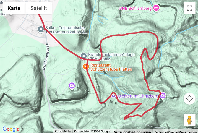Routenskizze zur Rundtour zum Aussichtsturm auf dem Ulmizberg