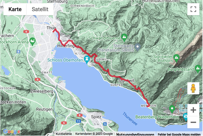 Google-Karte mit aufgezeichneter Route