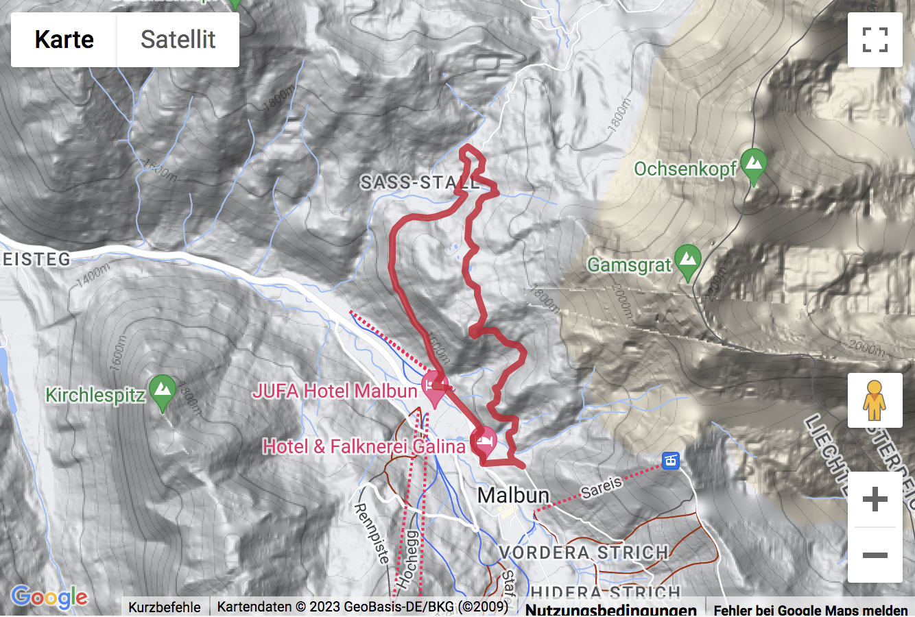 Übersichtskarte Winterwanderung von Malbun hinauf zur Alp Sass