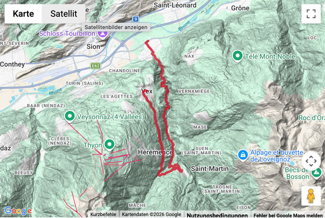 Routenskizze zur Suonenwanderung zu den Pyramiden von Euseigne