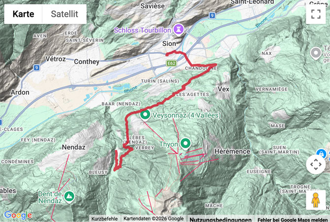Routenskizze zur Wanderung via Bisse de Salins nach Sion