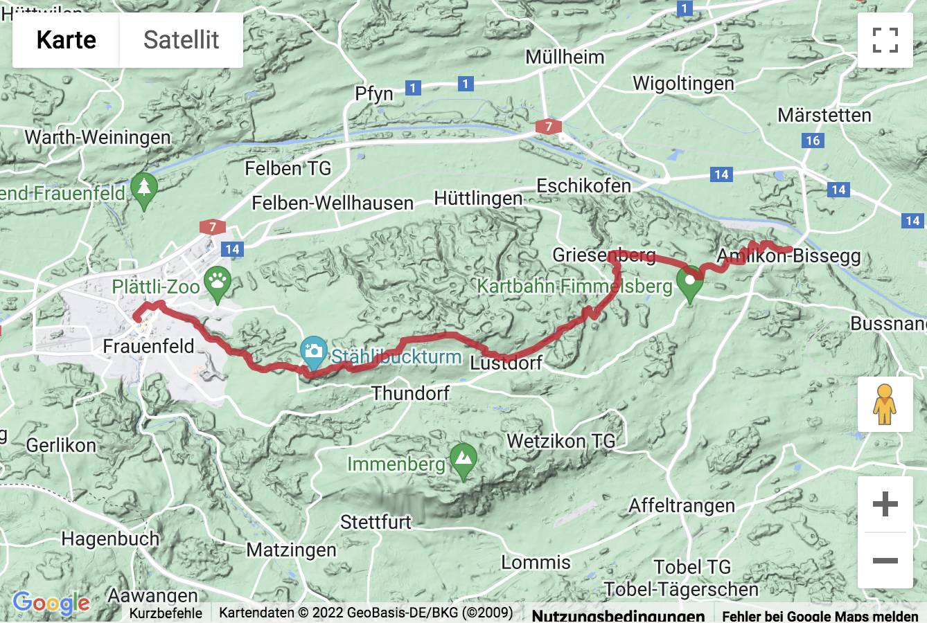 Übersichtskarte Panoramawanderung von Amlikon nach Frauenfeld