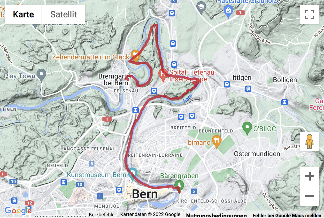 Übersichtskarte Uferwanderung an der Aare zum Bärenpark in Bern