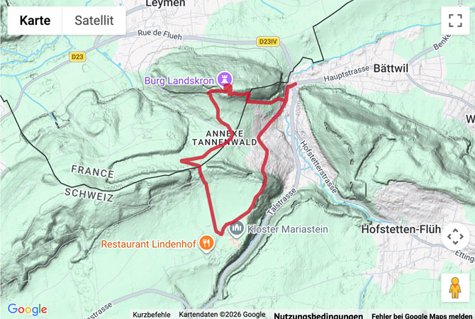 Routenskizze zur Rundwanderung Mariastein und Burgruine Landskron