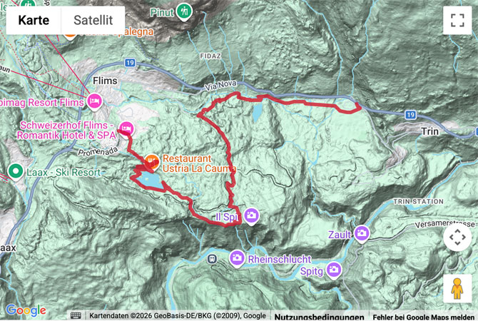 Routenskizze zur Winterwanderung von Flims-Waldhaus nach Trin Mulin