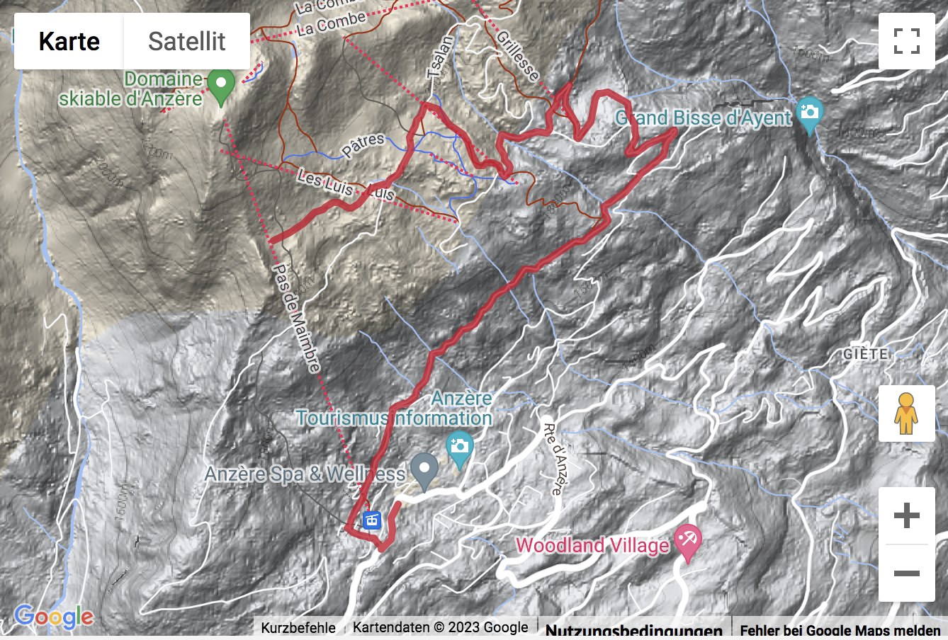 Übersichts-Routenkarte für die Winterwanderung mit Blick auf die höchsten Gipfel der Alpen