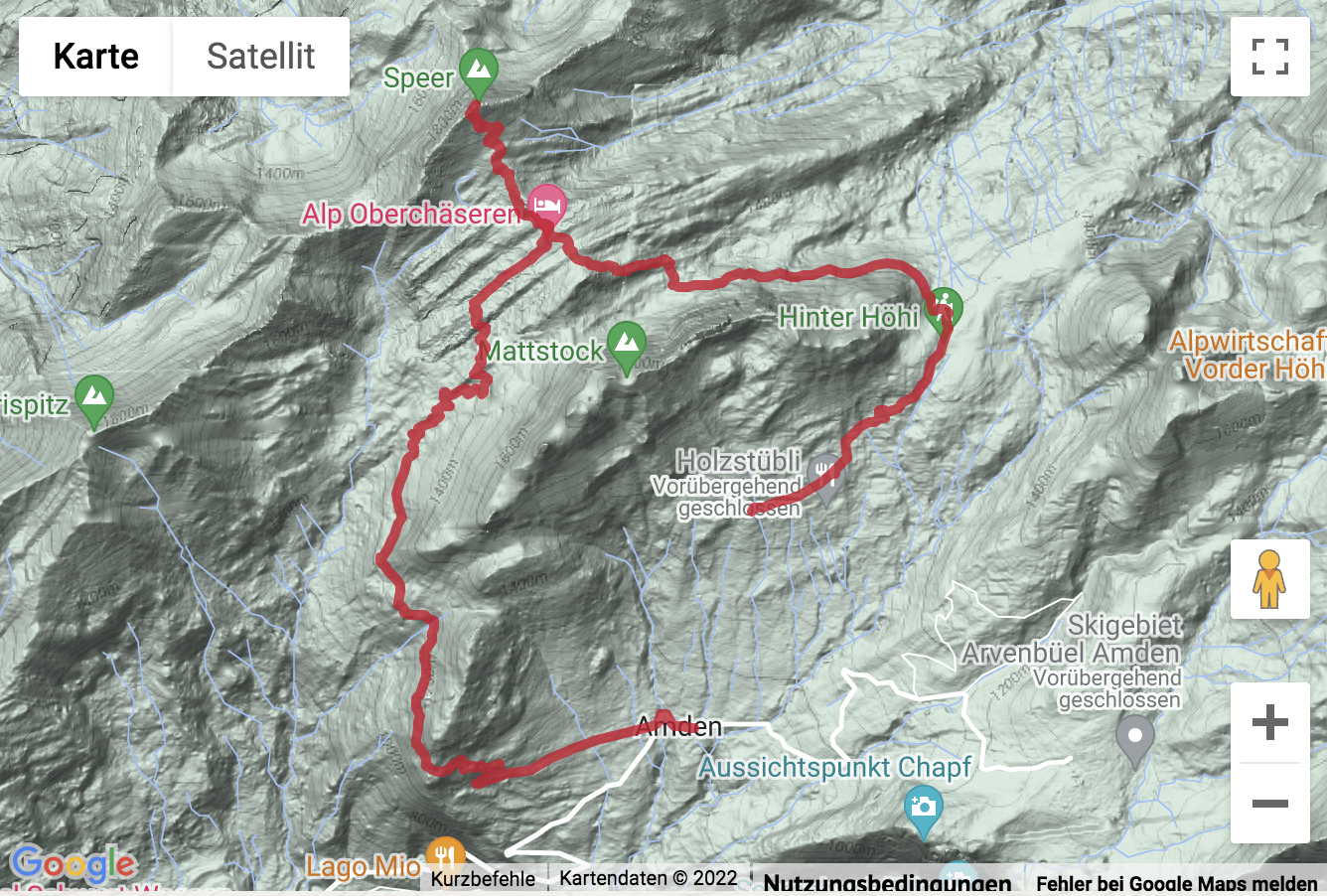 Übersichtskarte Gipfelwanderung auf den Speer (1'950 m)