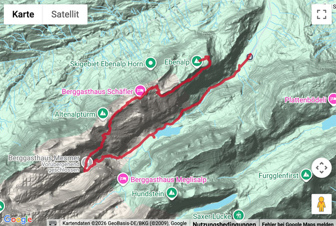 Routenskizze zur Bergwanderung über den Schäfler nach Wasserauen