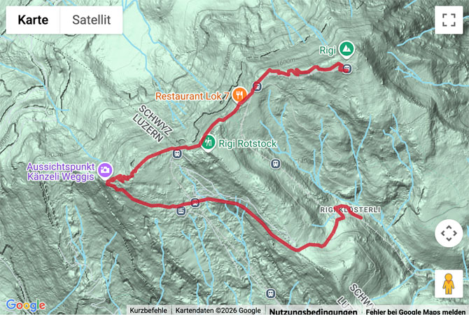 Routenskizze zur Winterwanderung vom Rigi-Kulm zur Station Klösterli