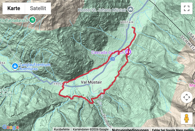 Routenskizze zur Rundwanderung zur Cascada da Pisch im Val Müstair
