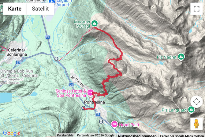 Routenskizze zur Bergwanderung zur Segantini Hütte