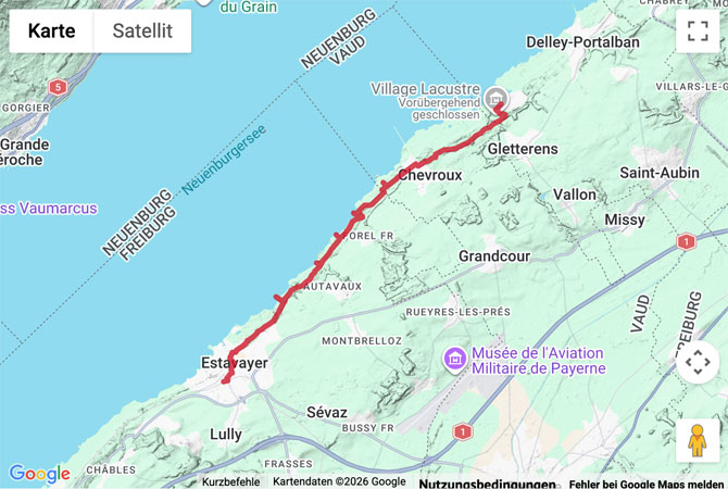 Routenskizze zur Wanderung von Estavayer-le-Lac nach Gletterens