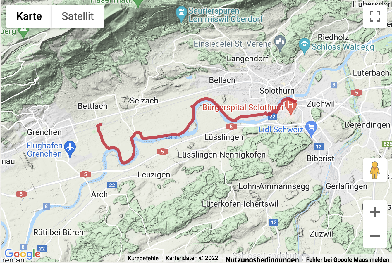 Carte de situation Uferwanderung entlang der Aare nach Solothurn