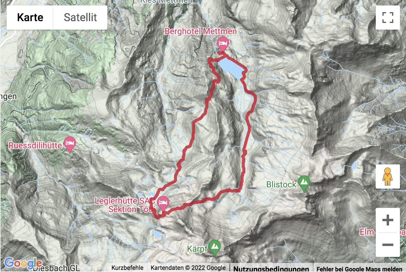 Übersichts-Routenkarte für die Bergwanderung zur Leglerhütte SAC