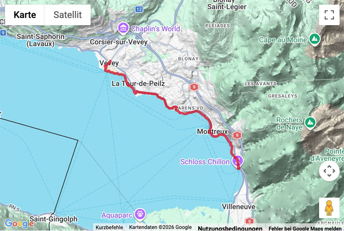 Routenskizze zur Uferwanderung vom Schloss Chillon nach Vevey