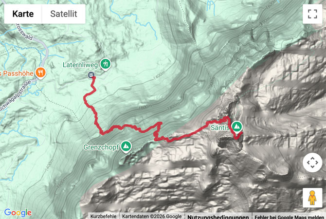 Routenskizze zur Gipfelwanderung (T3) von der Schwägalp auf den Säntis