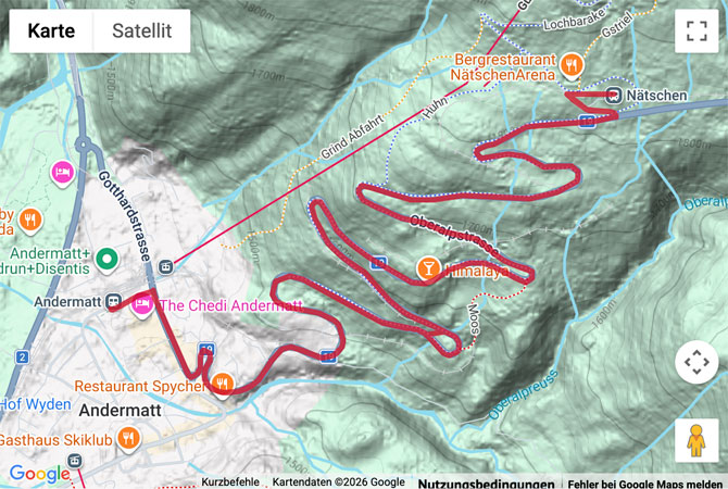 Routenskizze zur Winderwanderung von Andermatt hinauf zum Nätschen
