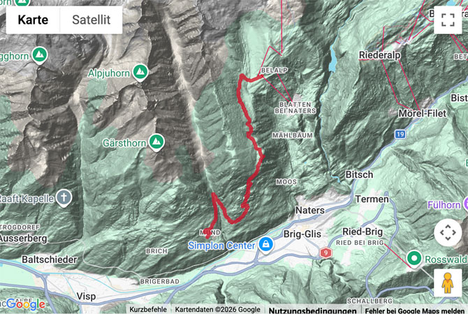 Routenskizze zur Suonenwanderung von der Belalp nach Mund