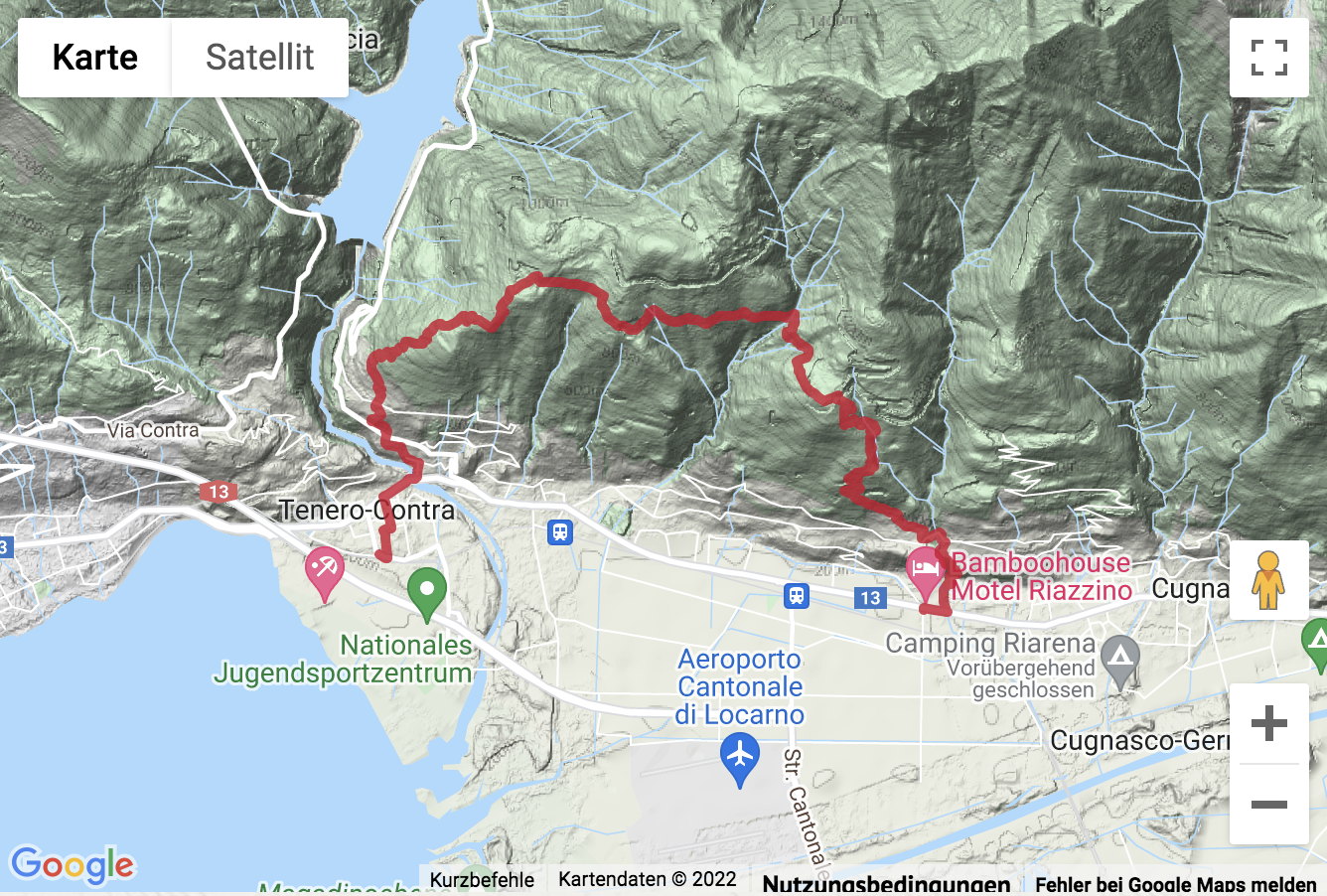 Übersichts-Routenkarte für die Bergwanderung von Riazzino nach Monti di Metri